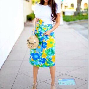 J.Crew Colorful Floral Print Midi Skirt with Bow Belt, Size 2